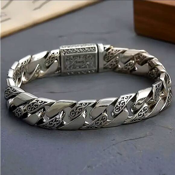 Stainless Steel Chain Link Bracelet, Mantra, Curb Hand Woven Engraved - Picture 4 of 8